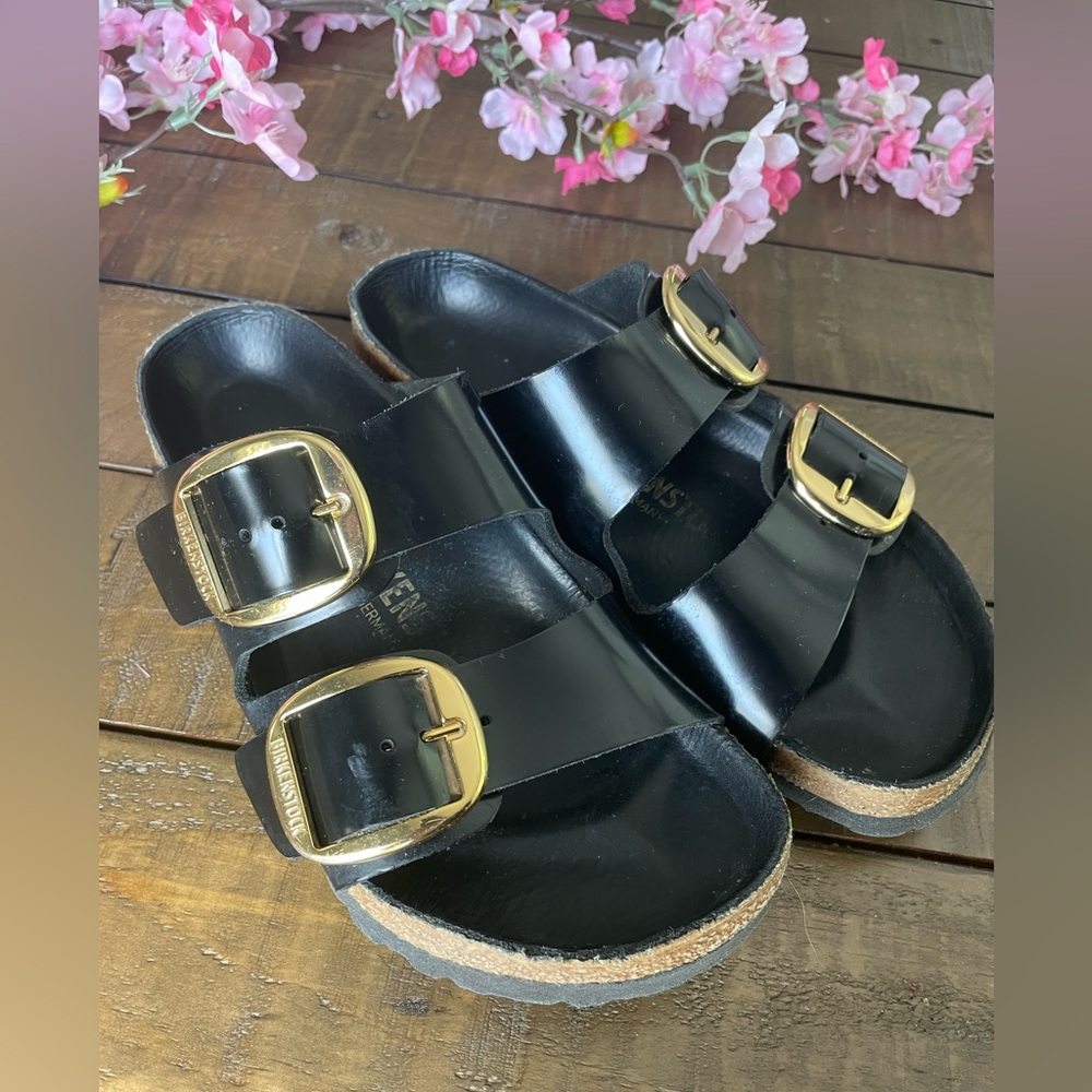 Birkenstock Black Sandals with Gold Buckles